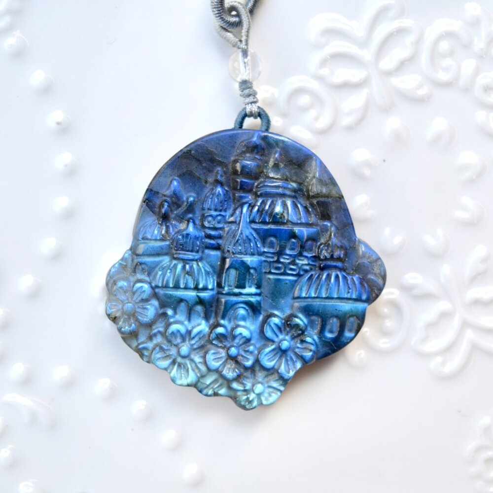 Labradorite Carved Castle Pendant Necklace